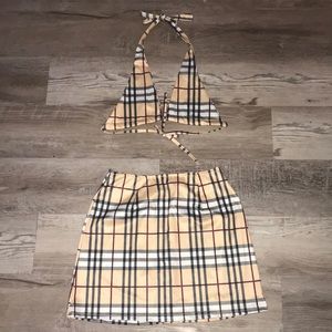 Checkered skirt and bra set size small beige and black